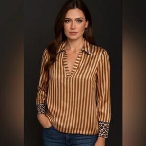 Scotch & Soda Anthro Raffia Town Satin Striped Brown Blouse Leopard Cuff MEDIUM